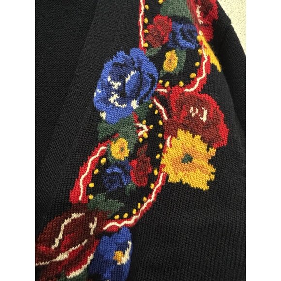 Vintage JH Collectibles 100% Wool Knit Cardigan Sweater Medium Floral Chunky - Picture 3 of 5